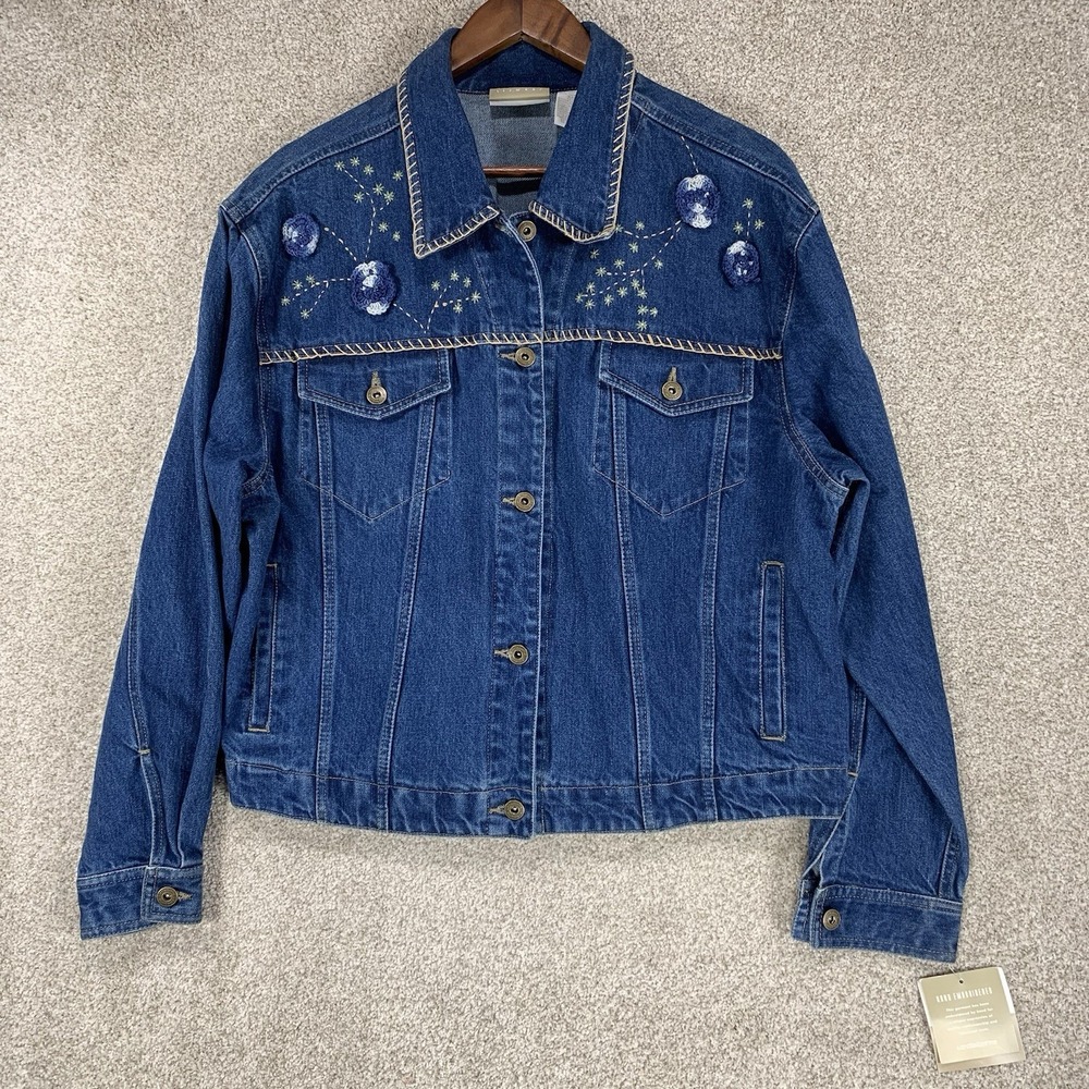 NWT Lizwear Hand Embroidered Jean Jacket XL Bomber‎ Floral Boho Cottage Core